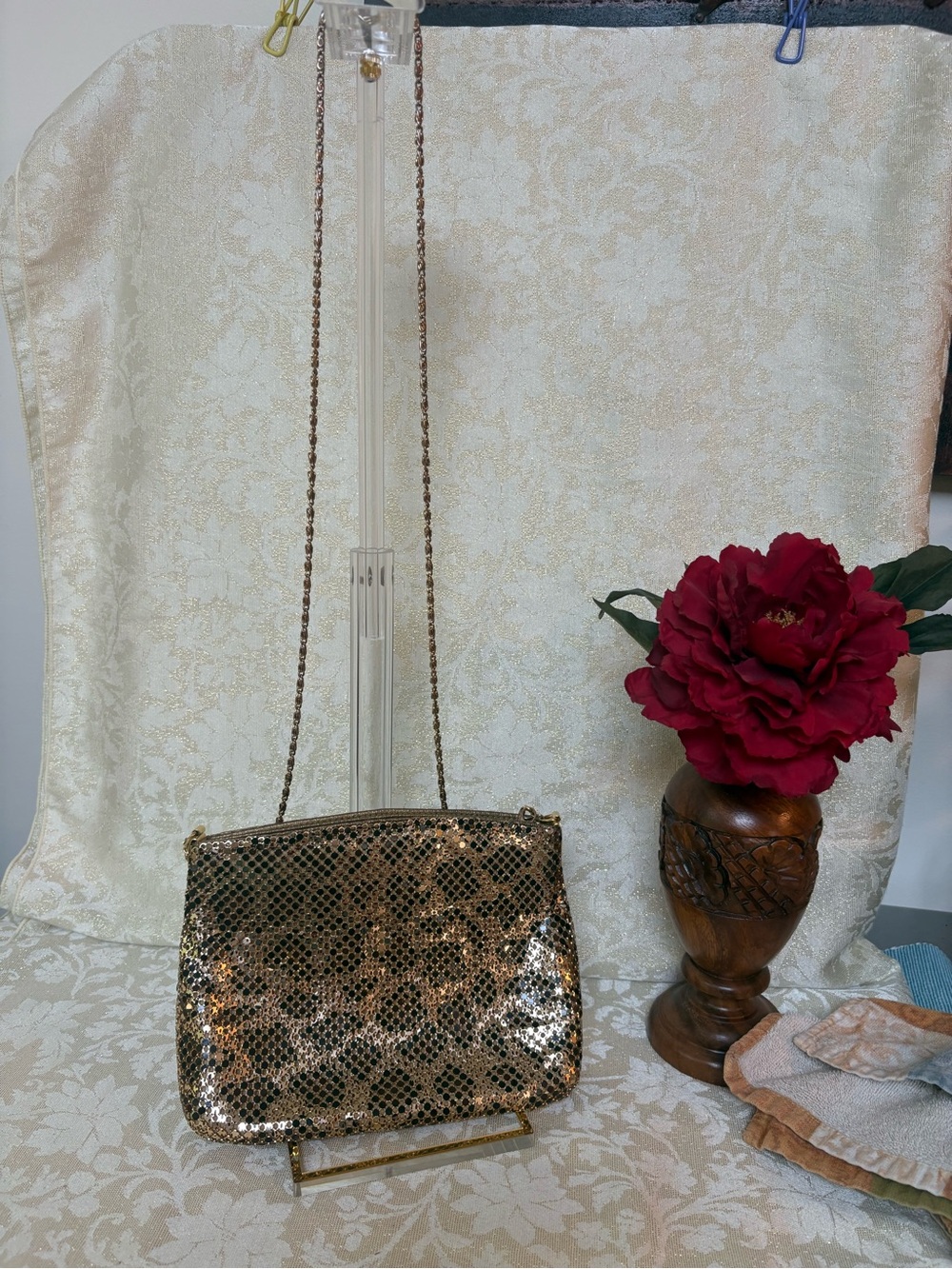 Metallic Gold Metal Mesh Leopard Print Shoulder Bag with Chain Strap